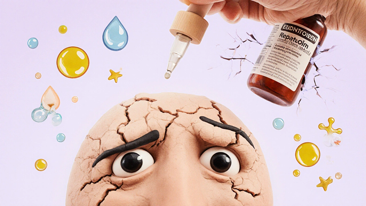 Clay eyes showing dryness and allergy symptoms with floating ingredients and a dropper applying relief.