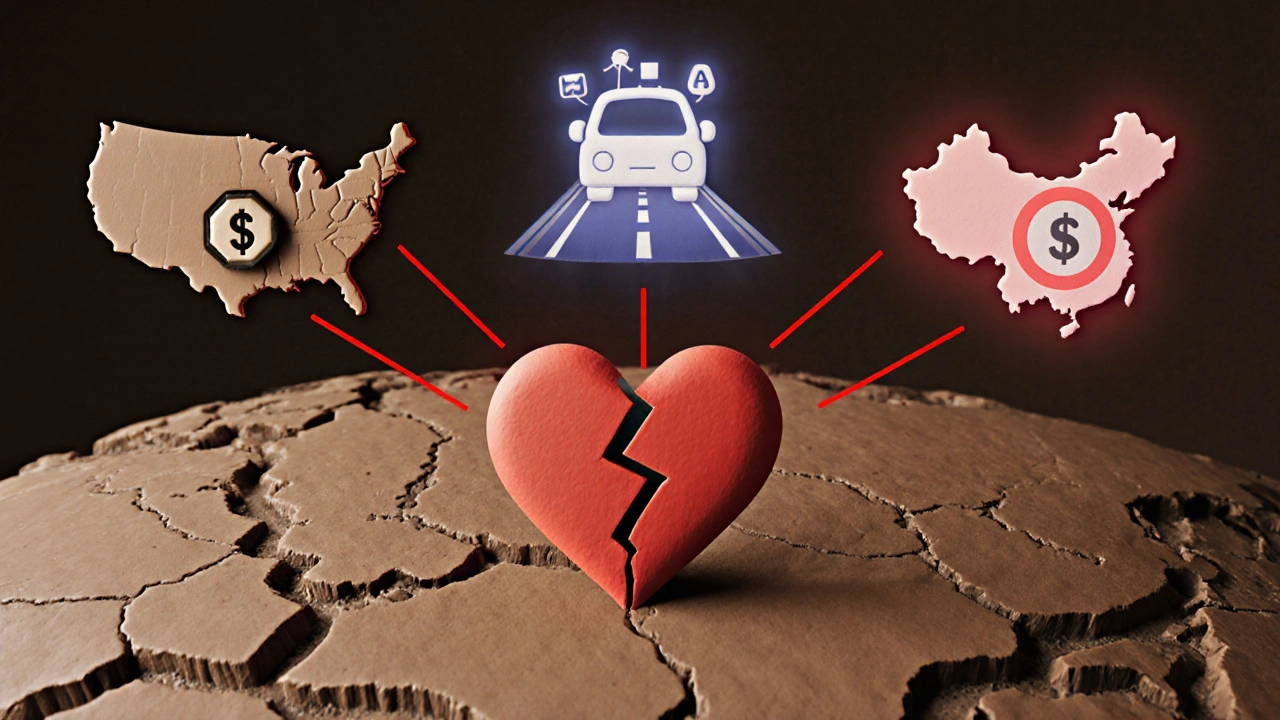 Clay map of U.S., EU, and China showing pharma antitrust tactics converging on a heart symbolizing patient harm.