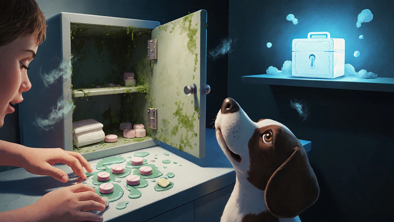 Damp pills spilling from a bathroom cabinet as a child and dog reach for them, contrasted with a safe, glowing storage box in a dry bedroom.