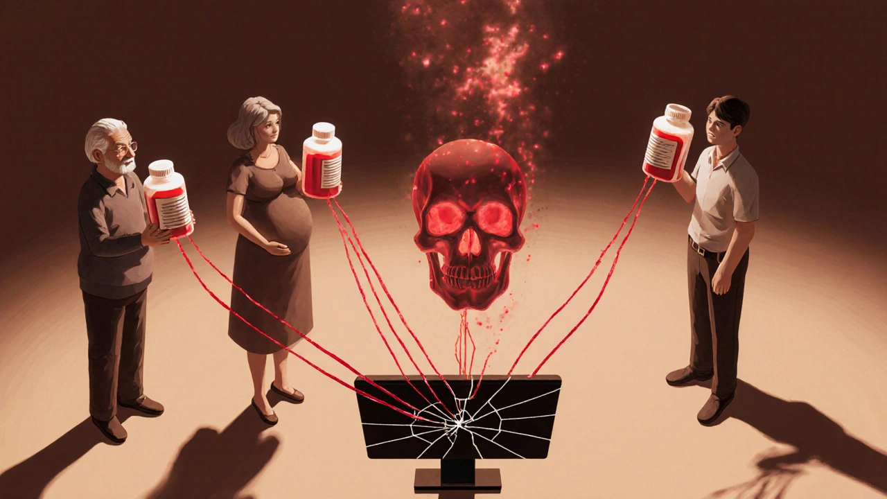 Diverse people holding pill bottles casting skull-shaped shadows, connected by red threads to a broken pharmacy screen.