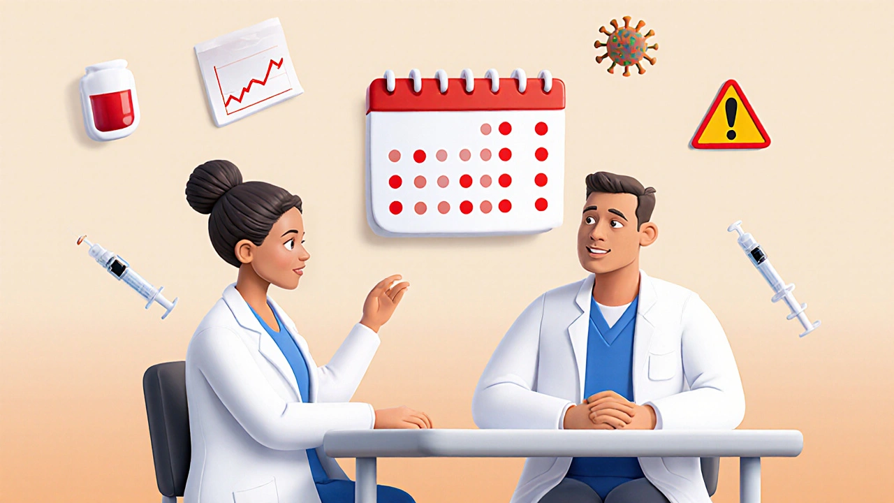 Doctor and patient reviewing a monitoring calendar with blood test, cholesterol, and shingles icons.