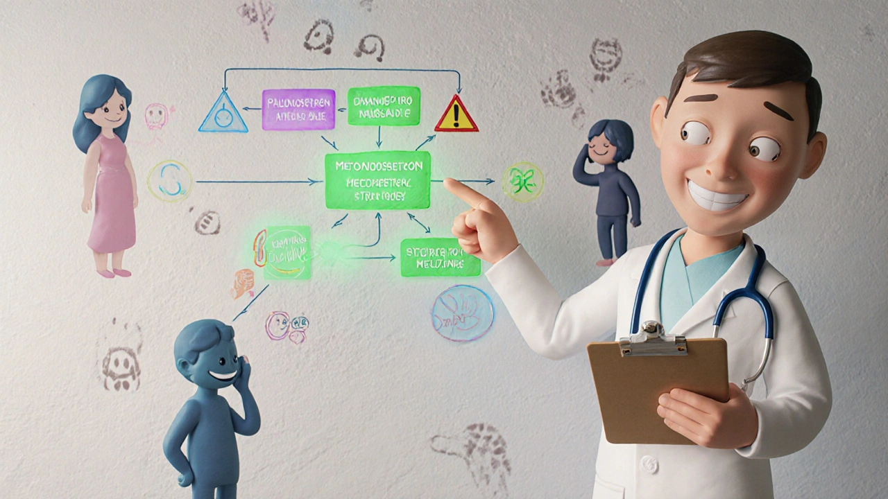 Doctor explaining opioid nausea flowchart with effective and risky antiemetics in clay illustration.