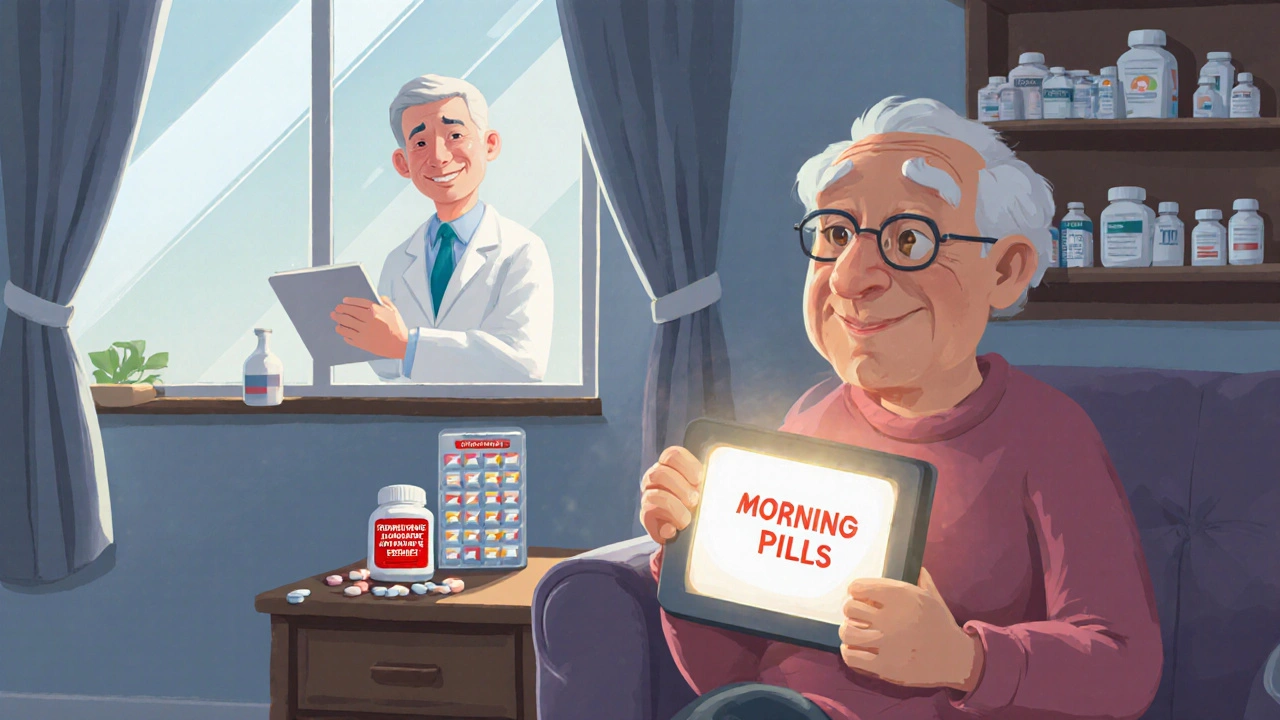 Elderly person taking pills with alarm reminder, pharmacist visible in window, medications stored safely.