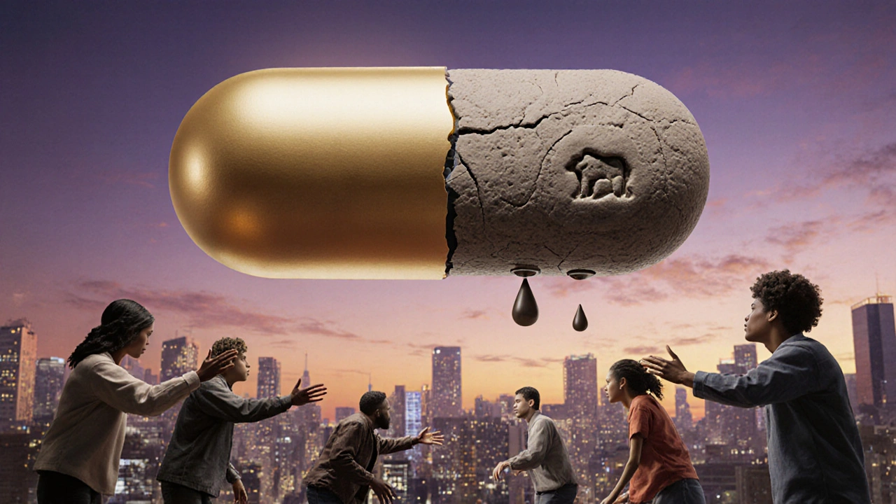 Giant split pill above city, branded side glowing, generic side cracked with hidden animal products, people reaching hesitantly.