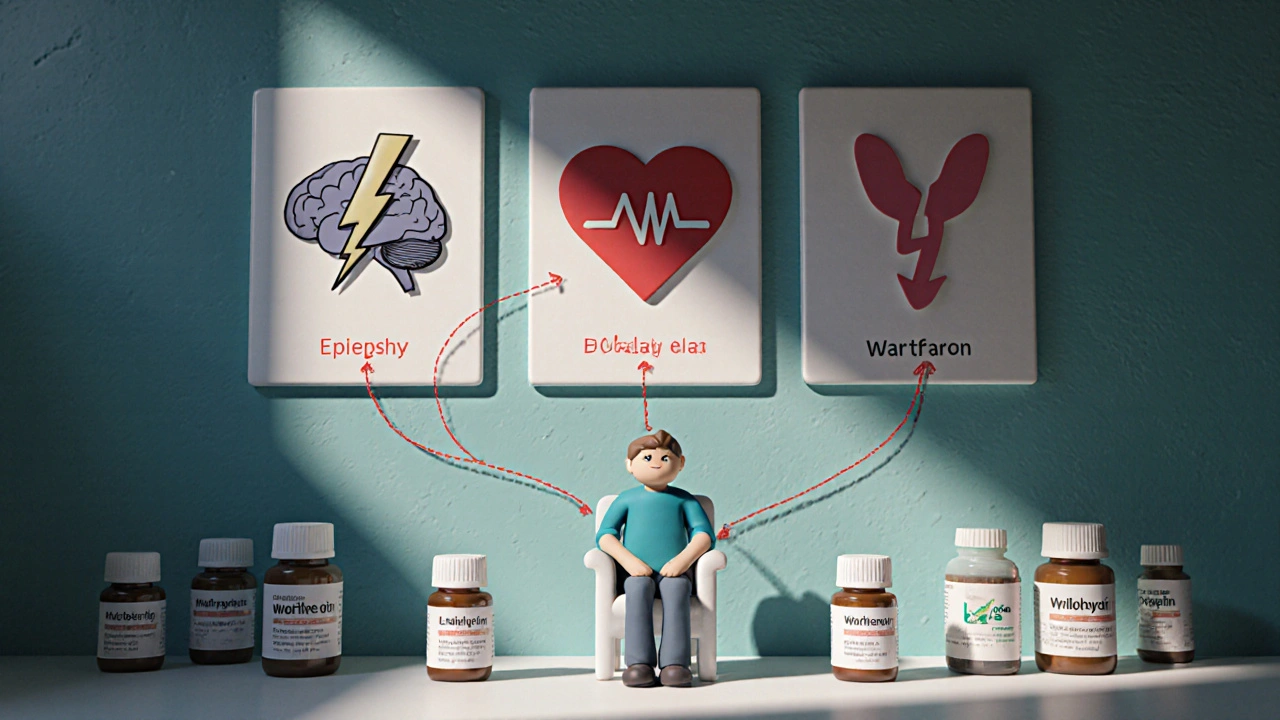 Medical chart with icons for high-risk medications, connected by red lines to a worried patient in a clinic.