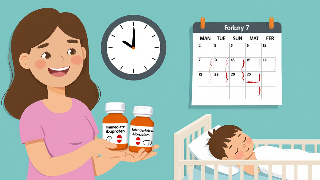 Mother comparing immediate-release and extended-release medication bottles with feeding schedule