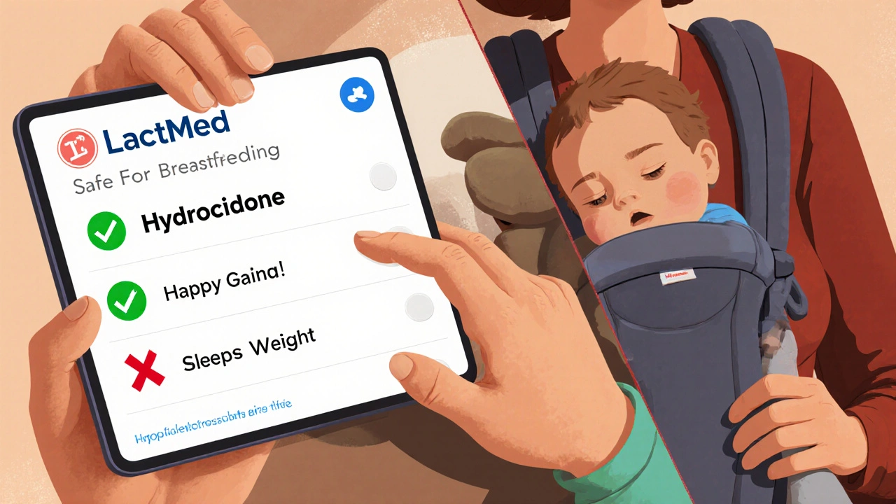 Mother using LactMed app while baby naps on chest, with safe vs. unsafe outcomes shown