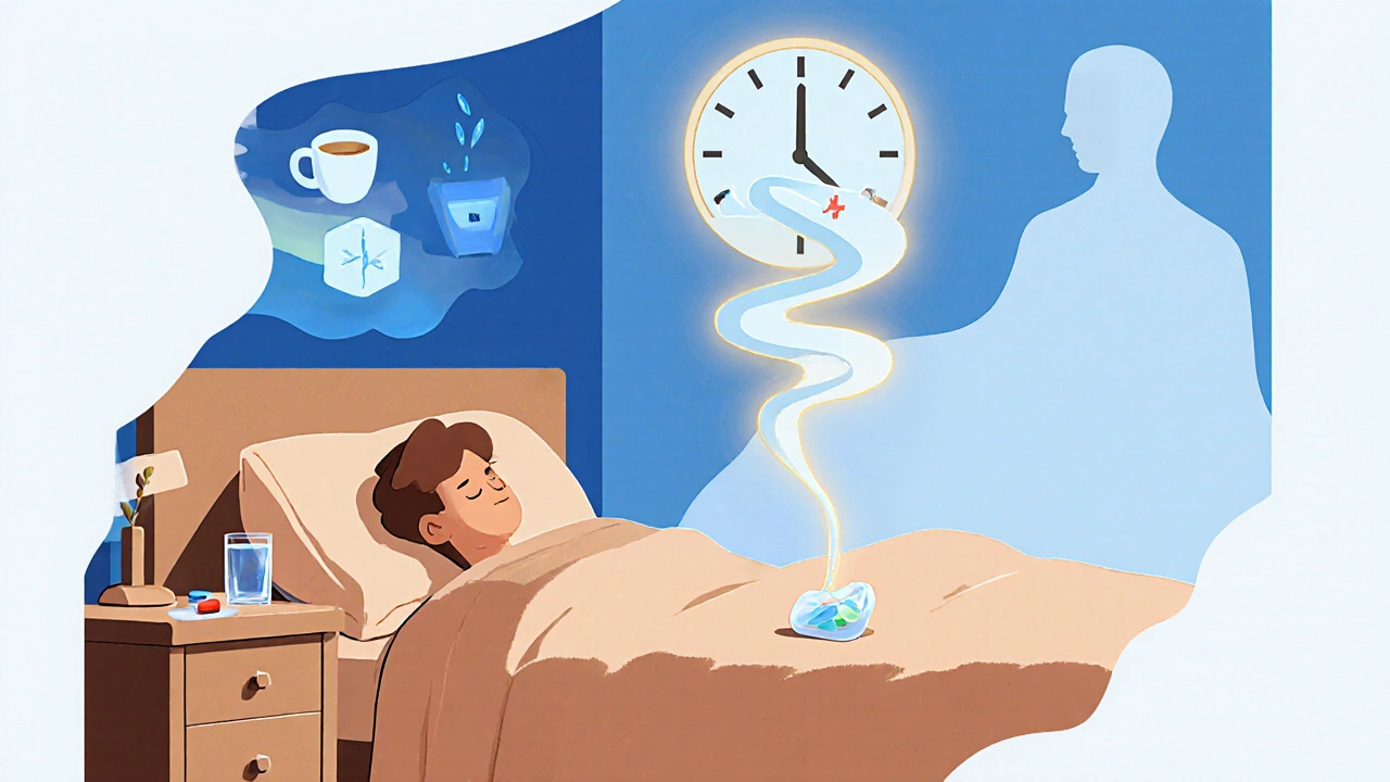 Nighttime dose of levothyroxine with peaceful sleep, hormone wave flowing into body.