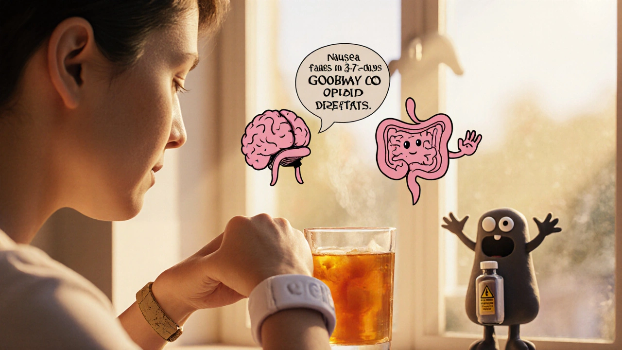 Patient drinking ginger tea with acupressure band, brain and gut cartoon discussing nausea resolution.