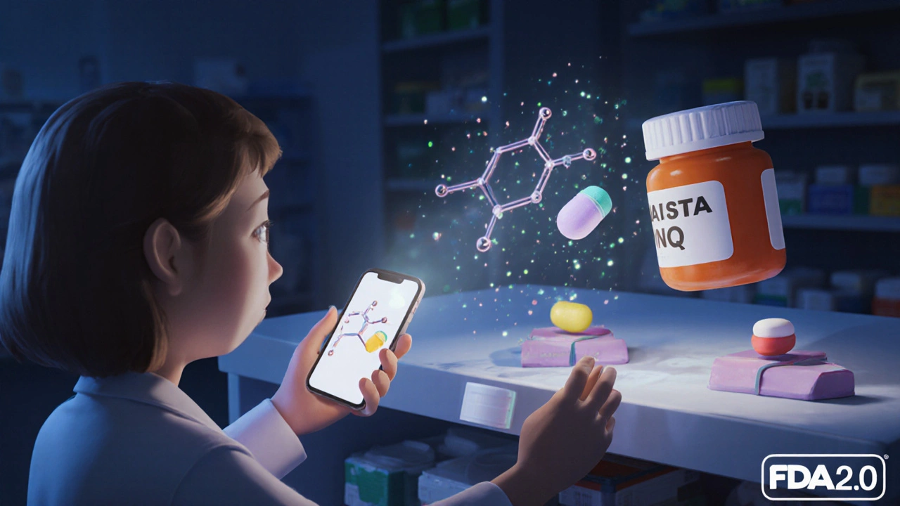 Patient using a phone to see a 3D model of identical drug molecules in brand and generic pills.