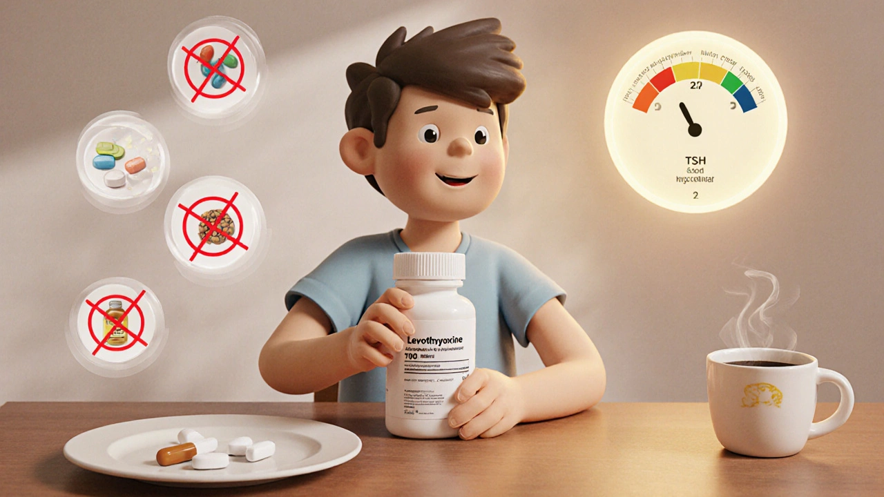 Person taking levothyroxine in the morning with blocked interferents like coffee and calcium pills.