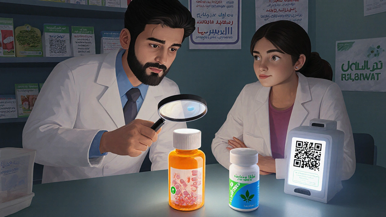 Pharmacist and patient examining a pill under magnifying glass, halal alternative nearby with leaf icon, multilingual posters in background.