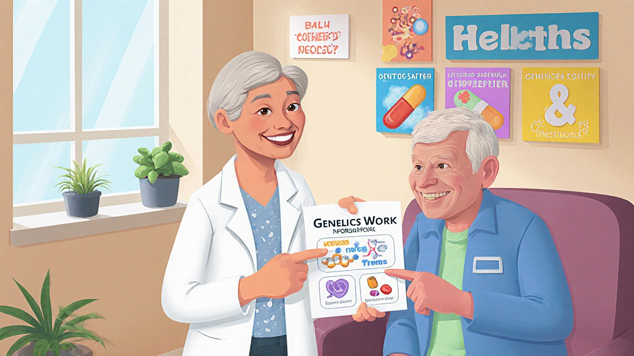 Pharmacist and patient reviewing a clay-style infographic about generic drug safety in a cozy clinic.