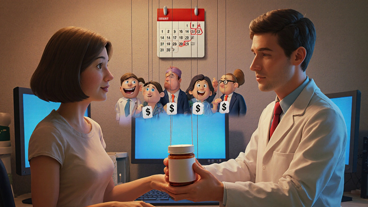 Pharmacist giving a pill bottle while invisible puppeteers pull strings labeled with rebates behind them.