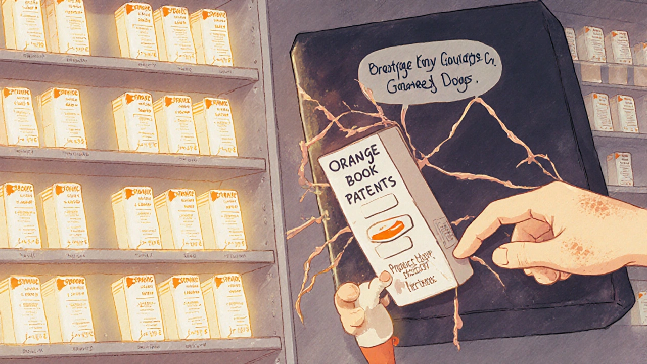 Pharmacy shelf with glowing generic drugs versus a branded drug trapped in anti-competitive webs made of clay.