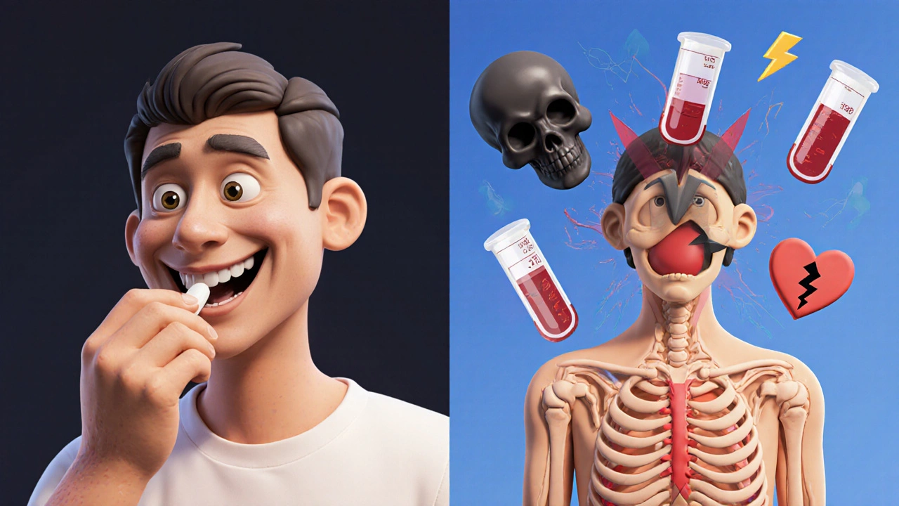 Split image: healthy patient vs. same patient with warning symbols from immune suppression side effects.
