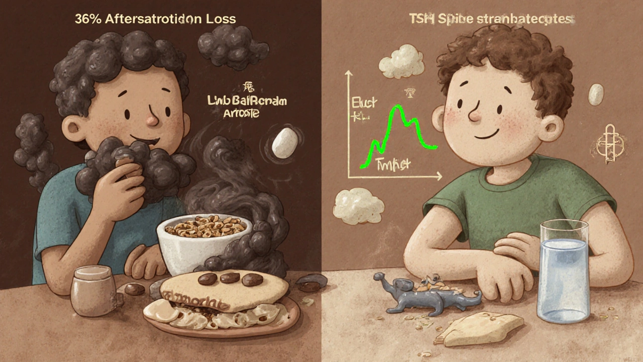 Split scene showing levothyroxine absorption failure with coffee vs. proper use with water.