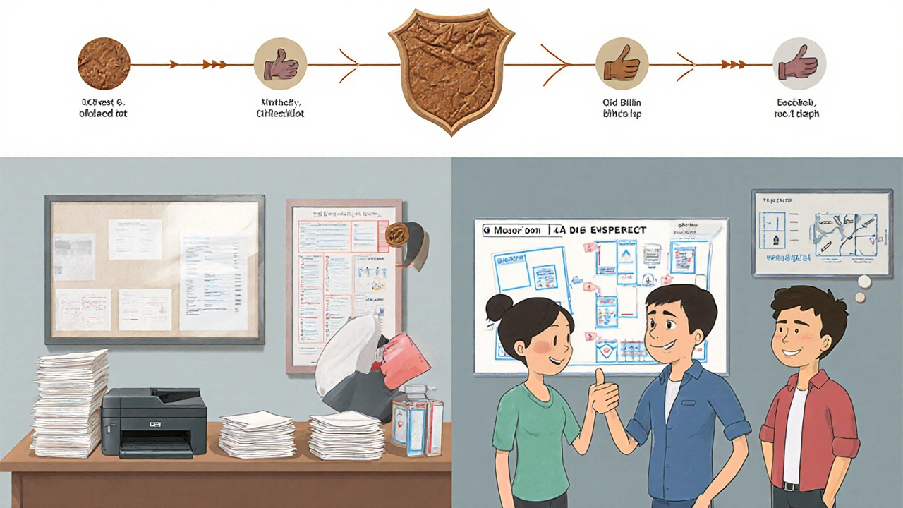 Split scene: team preparing for inspection on left, receiving approval on right with checklist timeline.