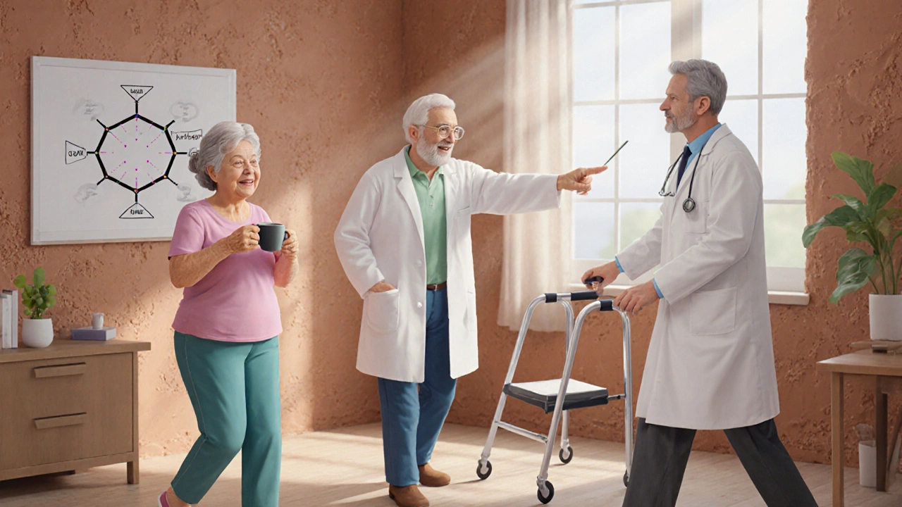 Two elderly patients in a clinic, one with steady hands, another walking without a walker, under soft daylight.