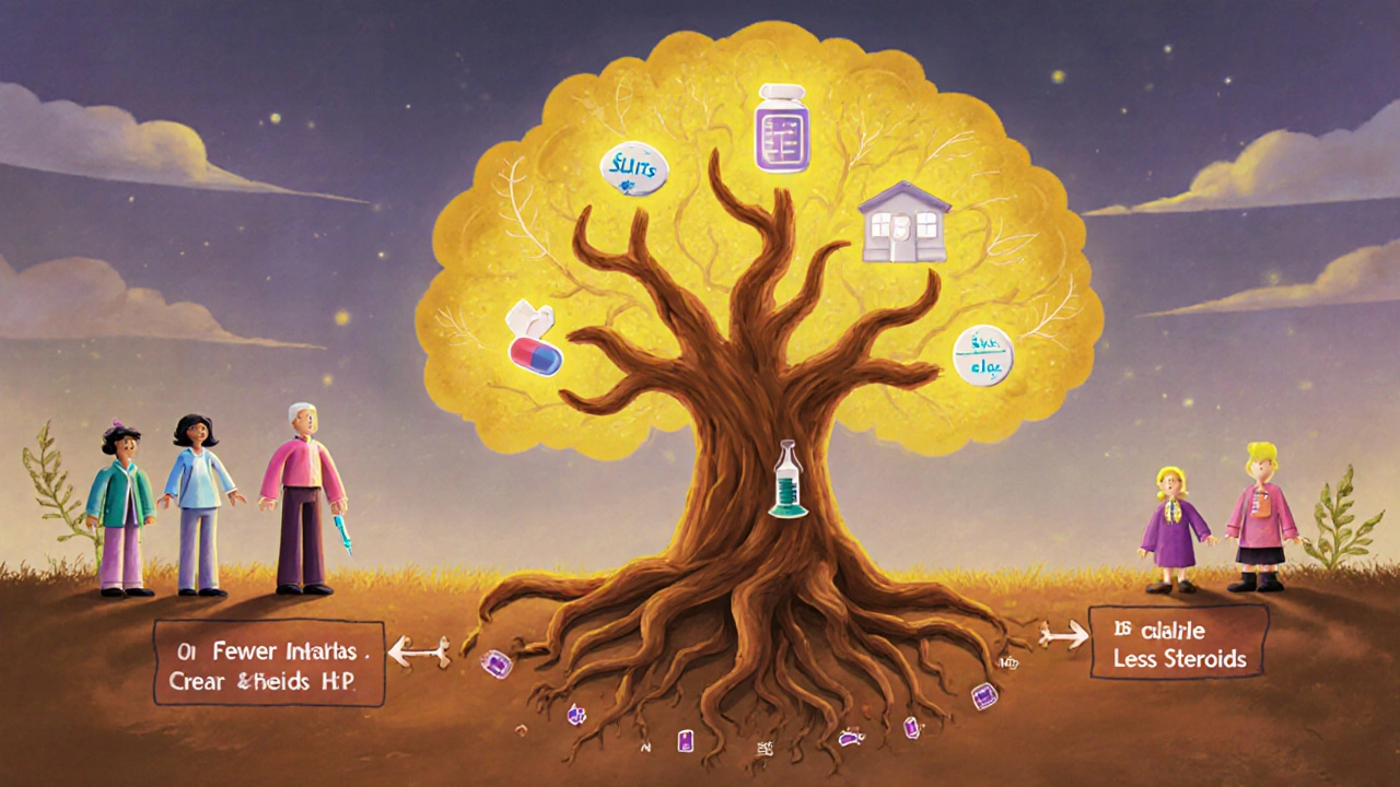 Two treatment paths merging into a tree symbolizing long-term asthma improvement.