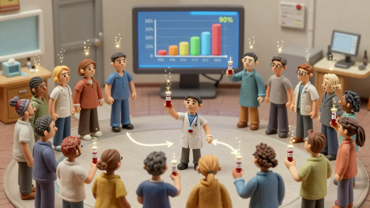 24 diverse people in a clinic, each holding blood vials with data points, connected by arrows between brand and generic pills.