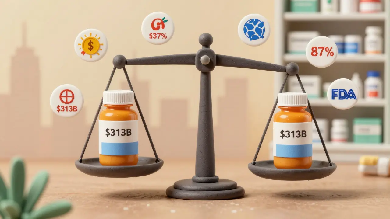 A balanced scale with brand and generic drug bottles, surrounded by icons representing cost savings and patient trust.