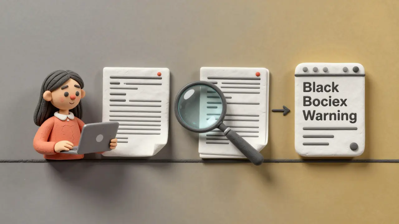 A consumer's report triggers a safety update on a drug label, shown as a timeline from submission to warning change.