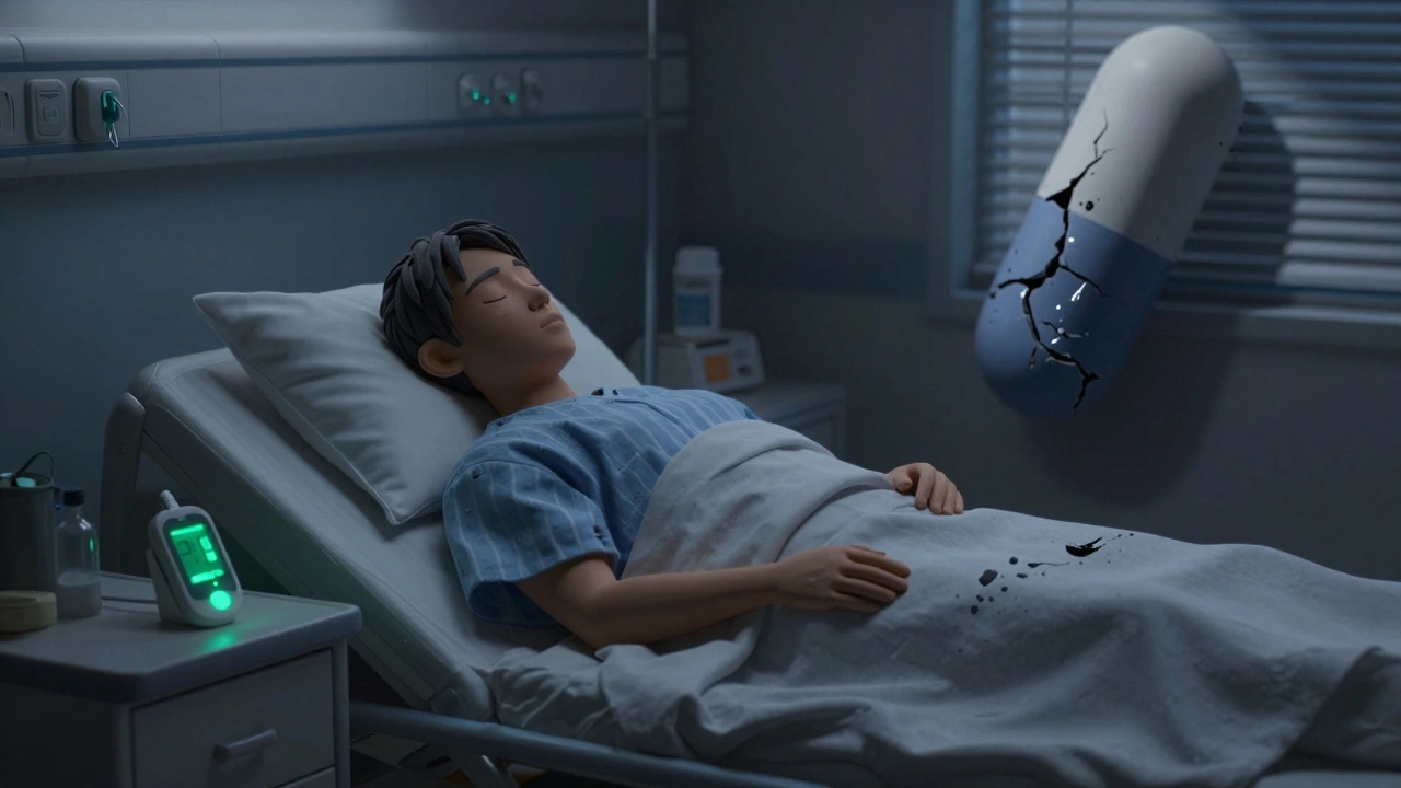 A diabetic patient sleeping as a glucose monitor glows softly, a beta-blocker pill cast in shadow nearby.