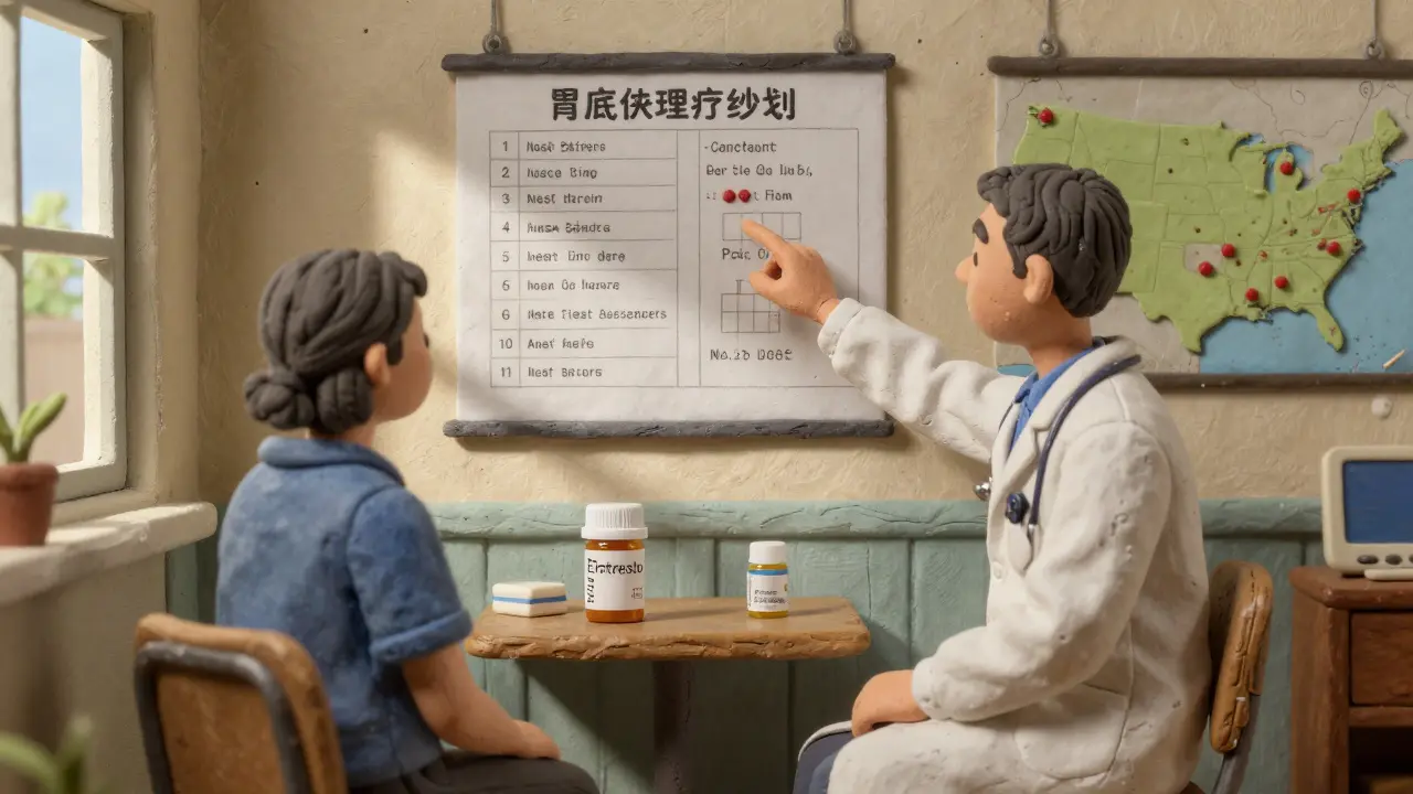 A doctor explains heart failure treatment to a patient in a rural clinic, with a prescription bottle and access map visible.