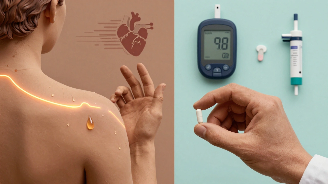 A doctor giving carvedilol to a patient, with sweat and a CGM alert glowing as warning signs disappear.