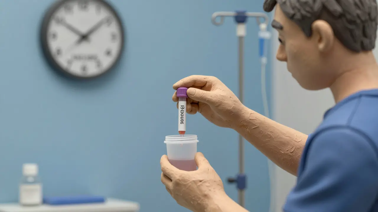 A man depositing a sperm sample into a cryogenic container, with a clock indicating urgency.