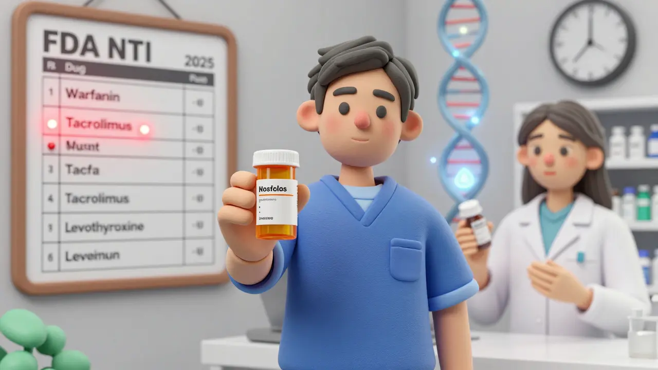 A patient and pharmacist facing off over medication bottles, with an FDA NTI drug list and genetic symbols in the background.