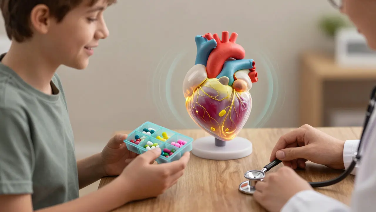 A patient smiling at a strengthened heart model while holding a pill organizer with four medications.