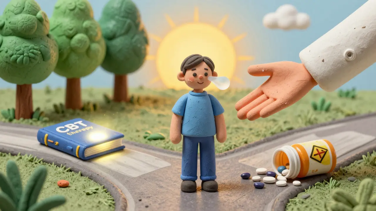 A person choosing therapy over pills at a crossroads, guided by a doctor, in clay rendering style.