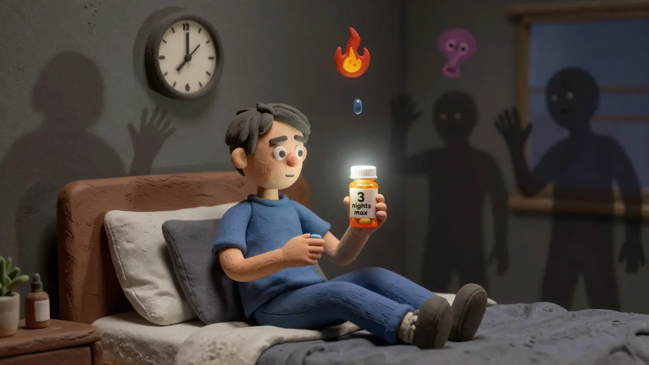 A person holding a pill bottle at night with shadowy withdrawal symptoms behind them in clay illustration style.