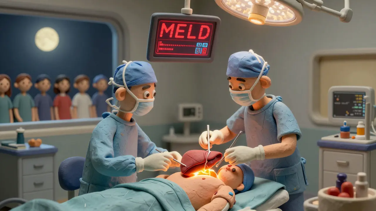 A surreal liver transplant with a glowing clay organ being placed into a patient, surrounded by waiting figures.