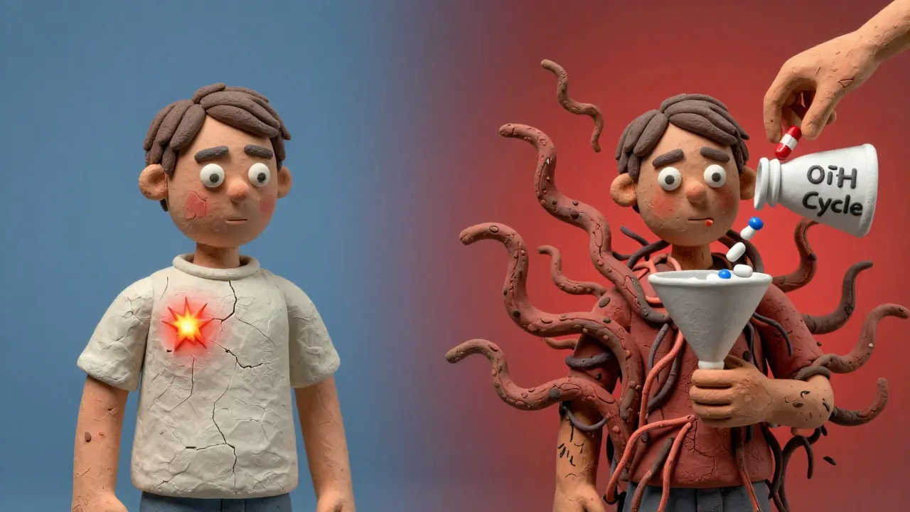 Before-and-after clay scene showing pain transforming from localized to widespread due to opioids.