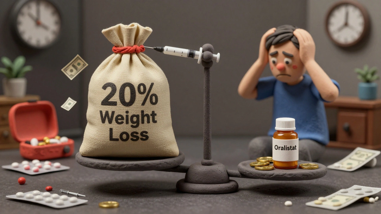 Clay-rendered scale showing dramatic weight loss from GLP-1 drugs versus modest results from older pills, with financial and emotional context.