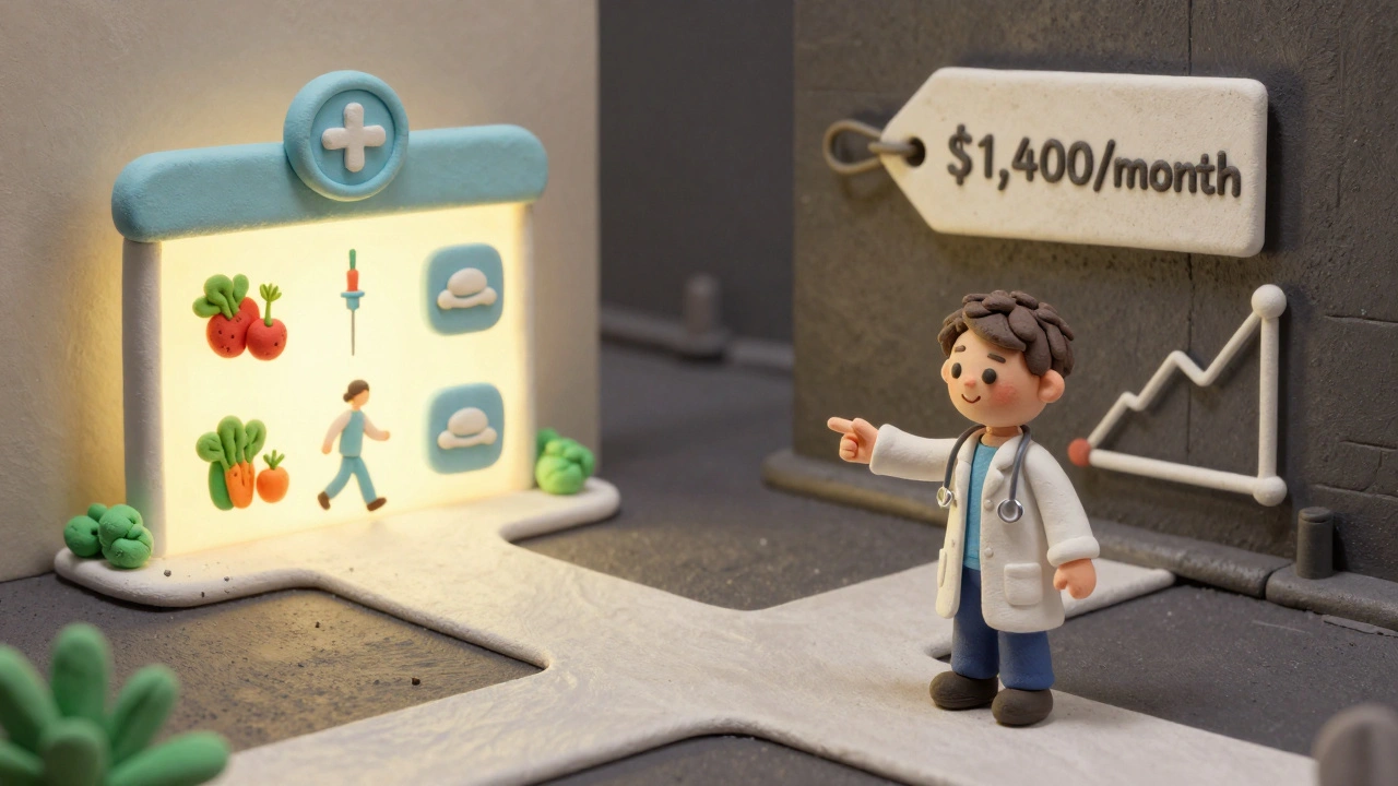 Clay-style crossroads scene showing path to sustainable health versus cost barrier of weight loss medications.