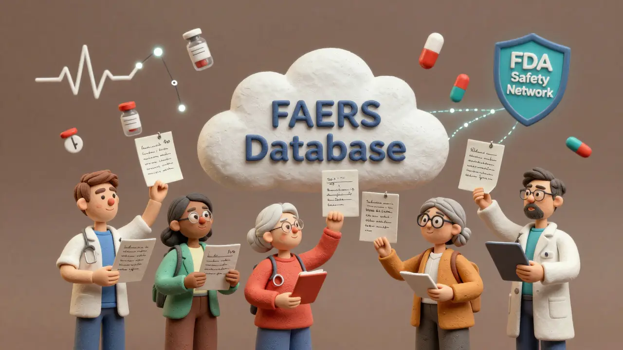 Diverse individuals upload adverse event reports to a digital FAERS database, with medical icons rising like stars.