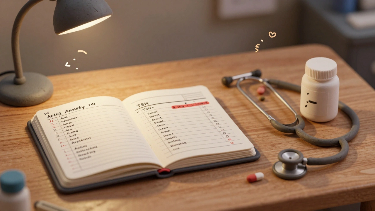Doctor&#039;s desk with symptom journal and blood test report, stethoscope and pill bottle nearby in clay style.