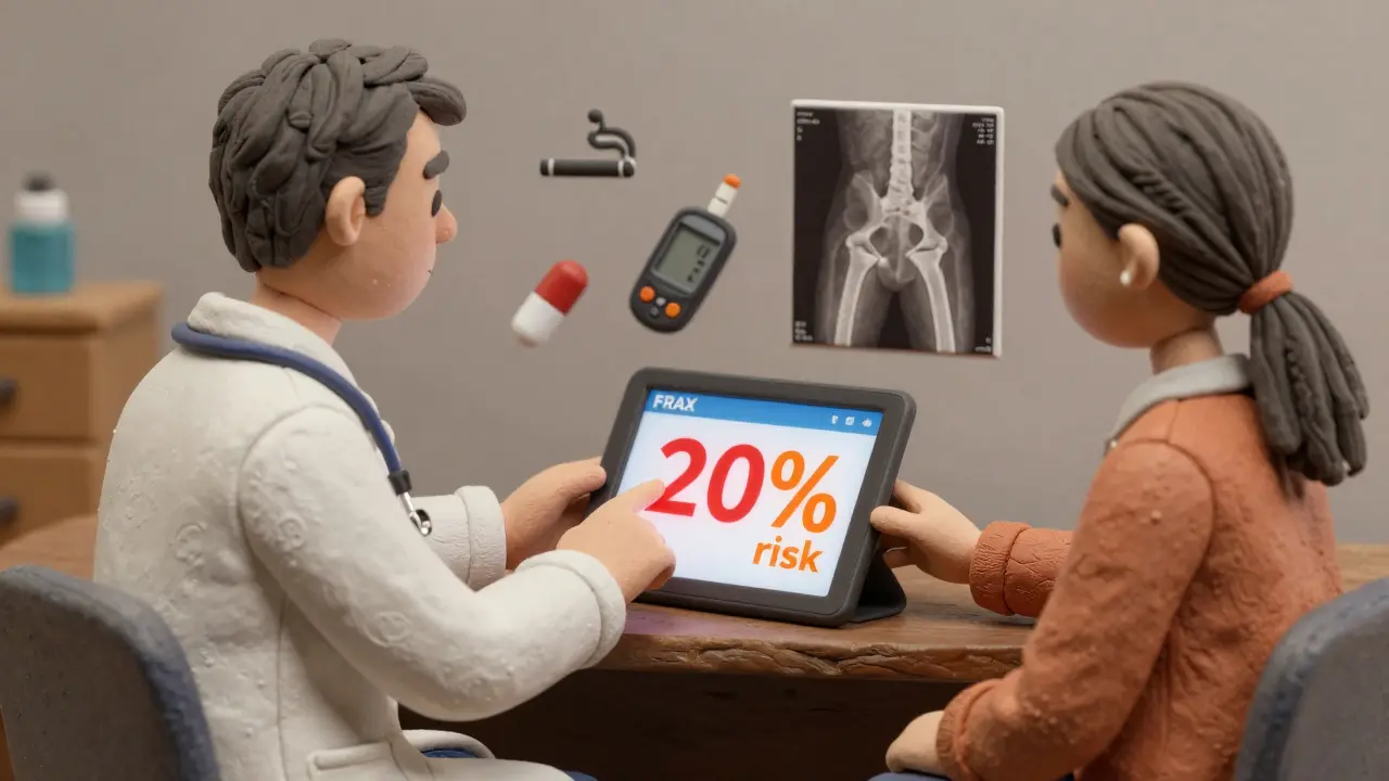 Doctor and patient reviewing FRAX risk factors like smoking, steroids, and diabetes on a tablet.