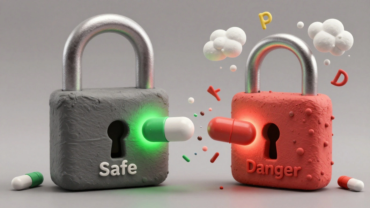 H1 receptor lock being incorrectly turned by a pill, triggering allergic reaction.