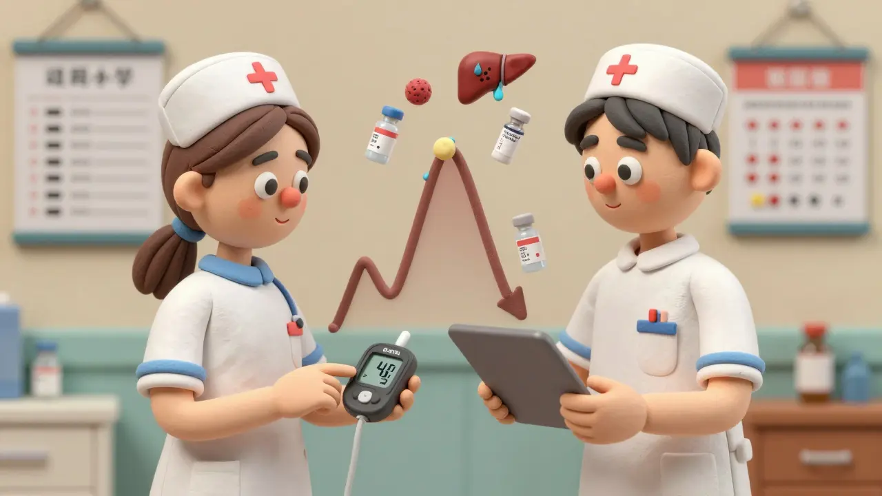Nurse using CGM to track blood sugar spike caused by morning steroid dose, with insulin vials and liver cells illustrated in clay style.