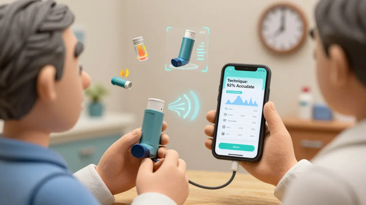 Older adult using a smart inhaler connected to a phone, with pharmacist guiding proper use.