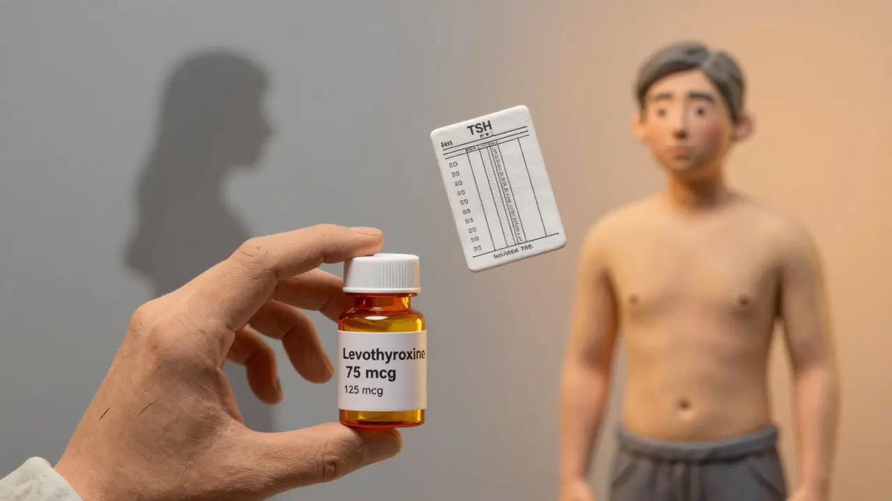 Patient holding changed levothyroxine bottles with TSH report, symbolizing post-surgery medication adjustment.