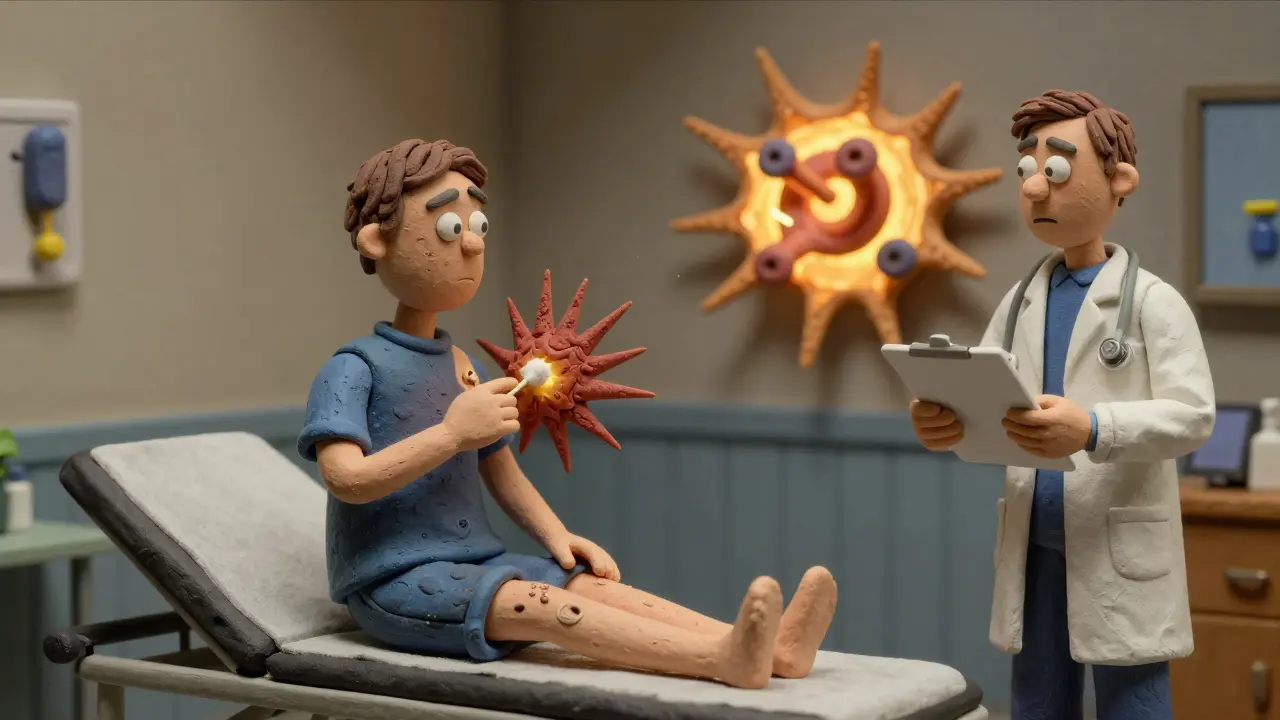 Patient reacts to a cotton swab with explosive pain spikes, doctor looks on in confusion.