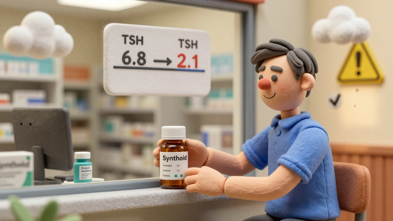 Patient smiling while receiving a discounted brand medication with assistance program sticker visible.