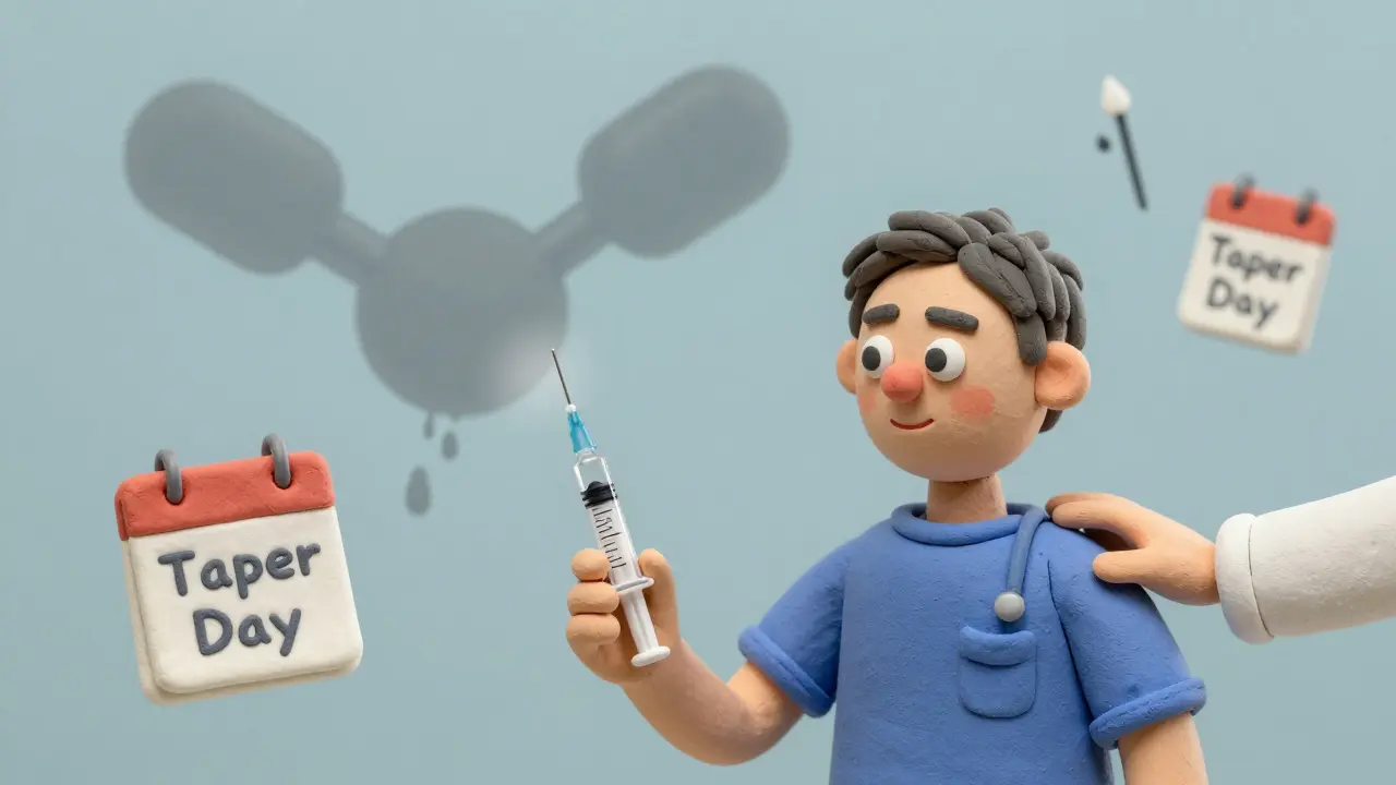 Patient tapering off steroids with reduced insulin dose, as a fading steroid molecule dissolves and glucose spikes hover nearby.