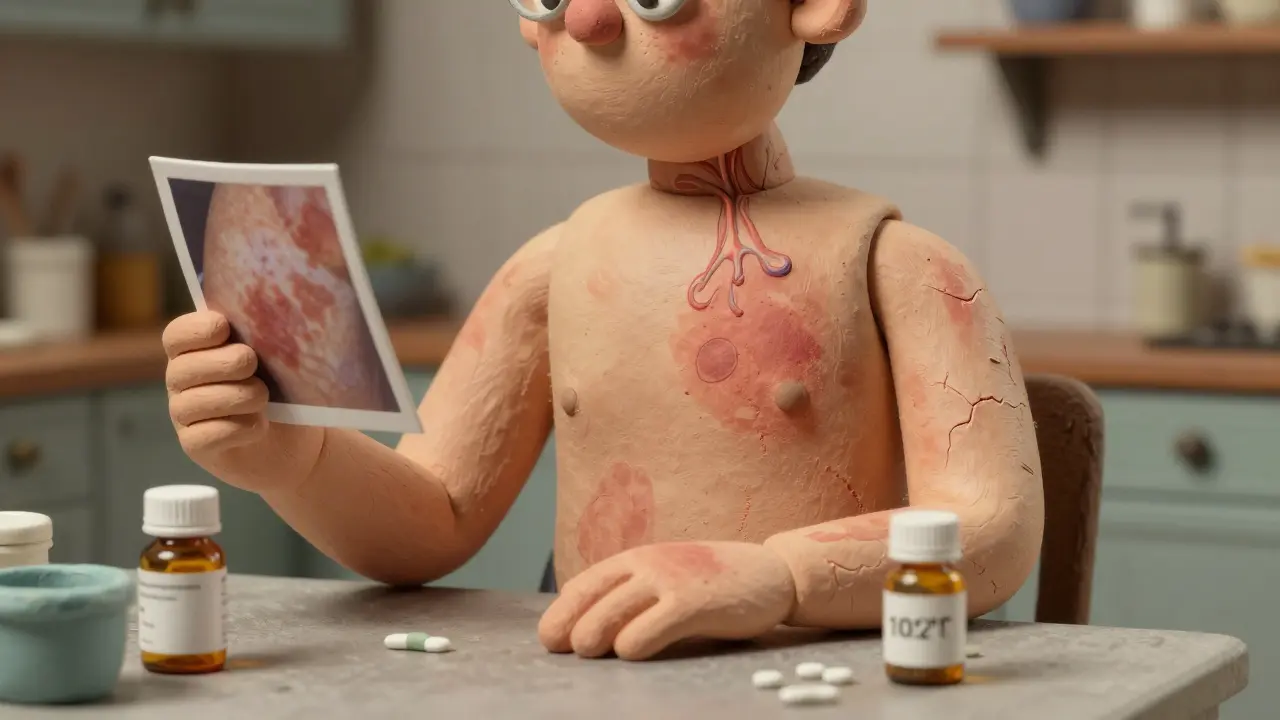 Person with widespread rash and fever after taking antibiotics, holding a photo of the reaction.